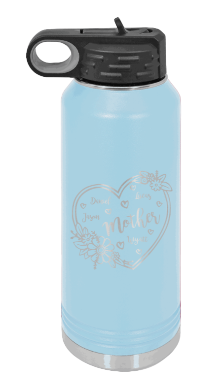 Mother with Names - 32oz Water Bottle Laser Engraved- Light Blue