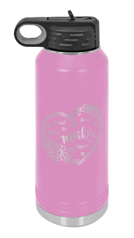 Mother with Names - 32oz Water Bottle Laser Engraved- Light Purple