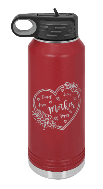 Mother with Names - 32oz Water Bottle Laser Engraved- Maroon