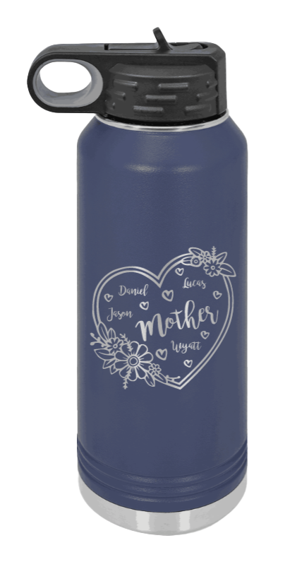 Mother with Names - 32oz Water Bottle Laser Engraved- Navy
