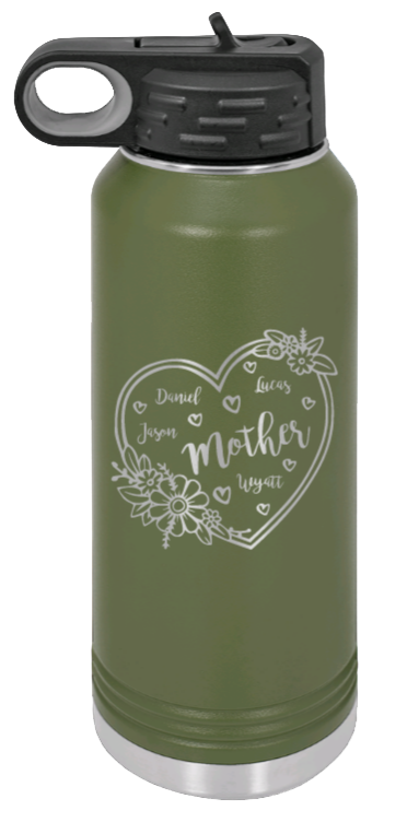 Mother with Names - 32oz Water Bottle Laser Engraved- Olive