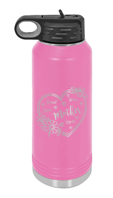 Mother with Names - 32oz Water Bottle Laser Engraved- Pink