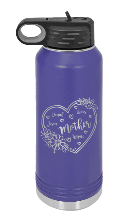 Mother with Names - 32oz Water Bottle Laser Engraved- Purple