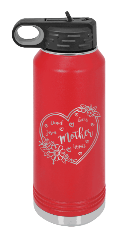 Mother with Names - 32oz Water Bottle Laser Engraved- Red
