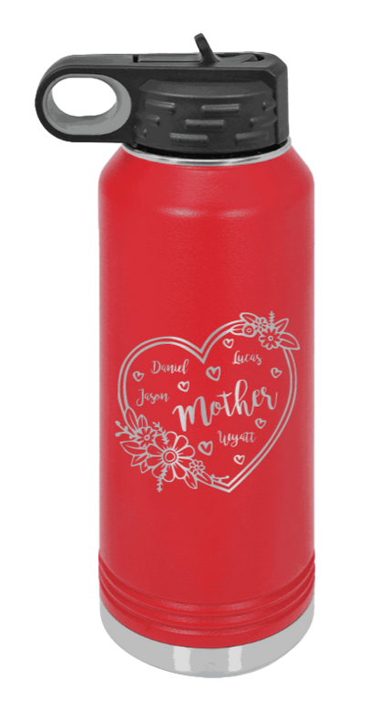 Mother with Names - 32oz Water Bottle Laser Engraved- Red