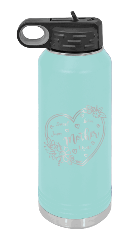 Mother with Names - 32oz Water Bottle Laser Engraved- Teal