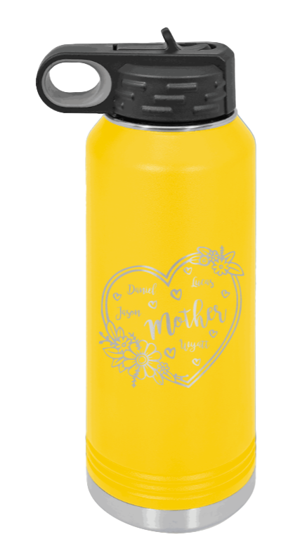 Mother with Names - 32oz Water Bottle Laser Engraved- Yellow