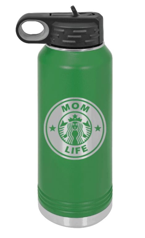 Mom Life - 32oz Water Bottle Laser Engraved- Green