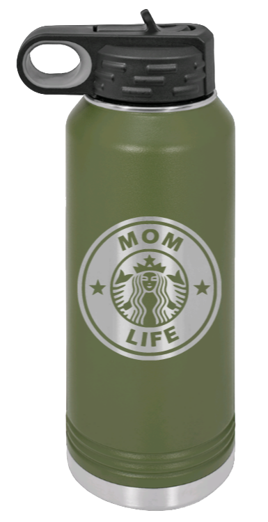 Mom Life - 32oz Water Bottle Laser Engraved- Olive