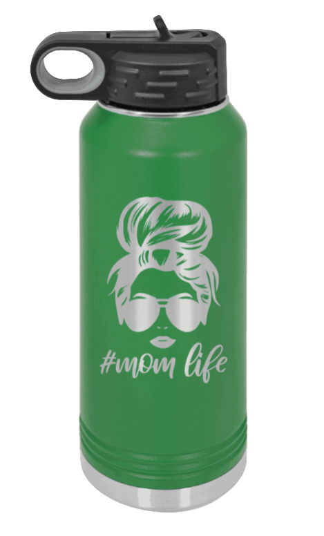#MomLife - 32oz Water Bottle Laser Engraved- Green