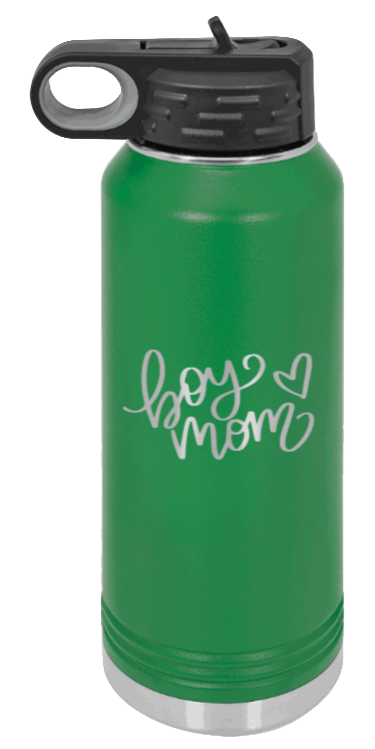 Boy Mom with Heart - 32oz Water Bottle Laser Engraved- Green