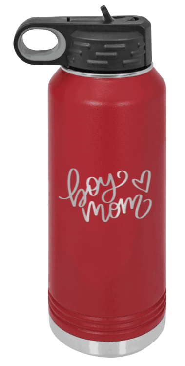 Boy Mom with Heart - 32oz Water Bottle Laser Engraved- Maroon