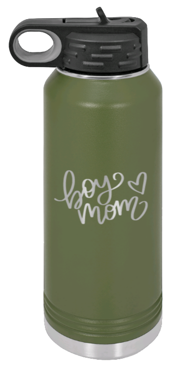 Boy Mom with Heart - 32oz Water Bottle Laser Engraved- Olive