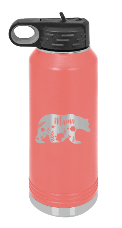 Mama Bear Floral - 32oz Water Bottle Laser Engraved- Coral