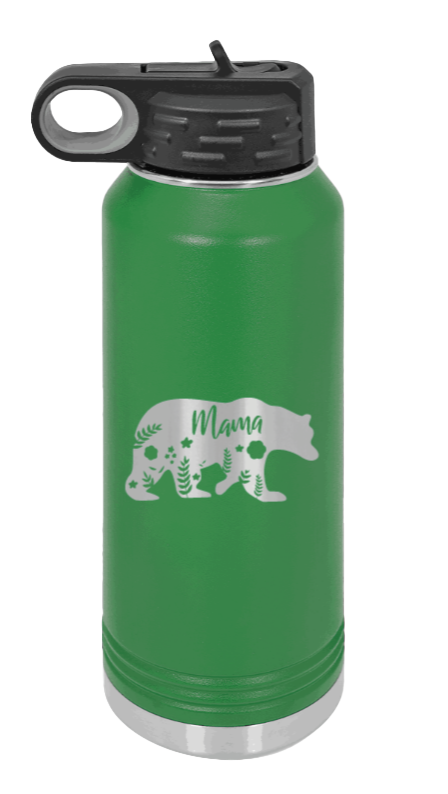 Mama Bear Floral - 32oz Water Bottle Laser Engraved- Green