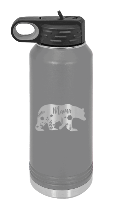 Mama Bear Floral - 32oz Water Bottle Laser Engraved- Dark Grey