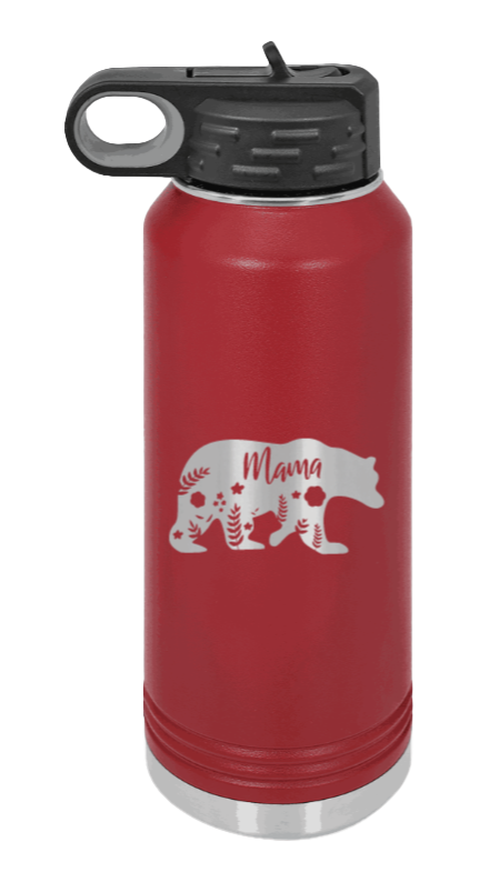 Mama Bear Floral - 32oz Water Bottle Laser Engraved- Maroon