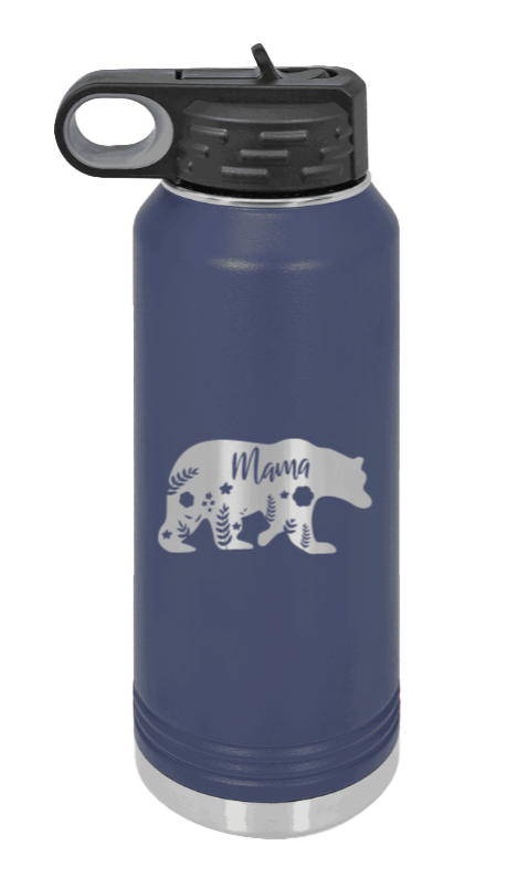 Mama Bear Floral - 32oz Water Bottle Laser Engraved- Navy
