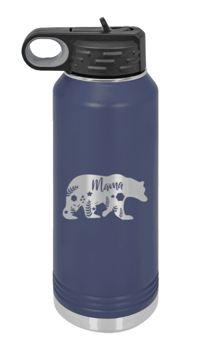 Mama Bear Floral - 32oz Water Bottle Laser Engraved- Navy