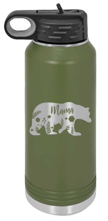 Mama Bear Floral - 32oz Water Bottle Laser Engraved- Olive