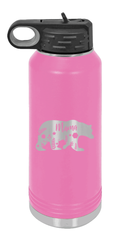 Mama Bear Floral - 32oz Water Bottle Laser Engraved- Pink