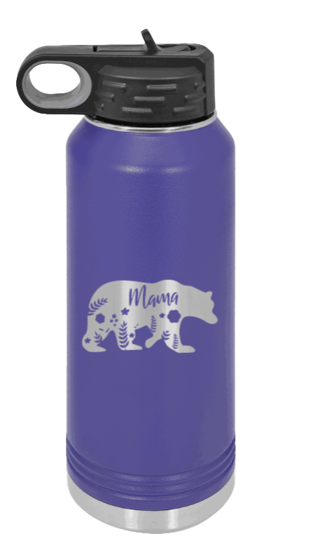 Mama Bear Floral - 32oz Water Bottle Laser Engraved- Purple