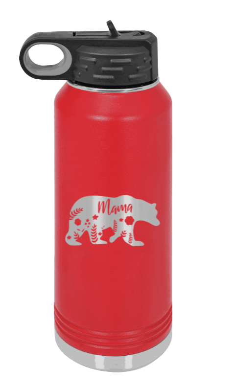 Mama Bear Floral - 32oz Water Bottle Laser Engraved- Red