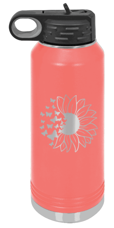 Butterfly Sunflower - 32oz Water Bottle Laser Engraved- Coral