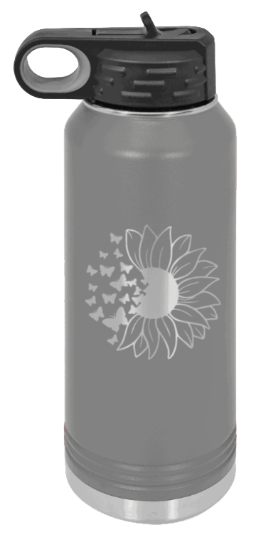Butterfly Sunflower - 32oz Water Bottle Laser Engraved- Dark Grey