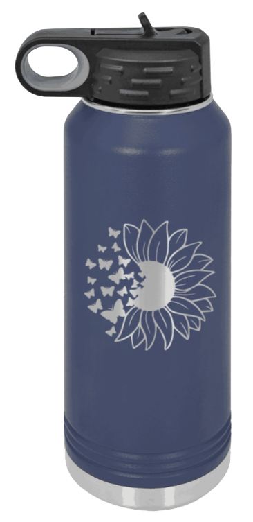 Butterfly Sunflower - 32oz Water Bottle Laser Engraved- Navy