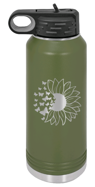Butterfly Sunflower - 32oz Water Bottle Laser Engraved- Olive