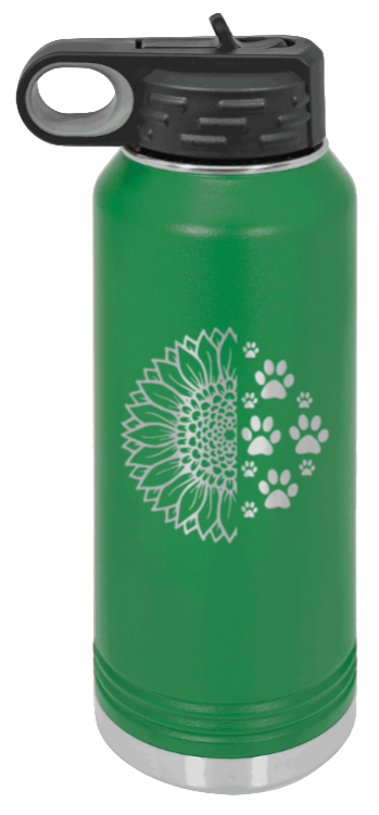 Sunflower Paws - 32oz Water Bottle Laser Engraved- Green