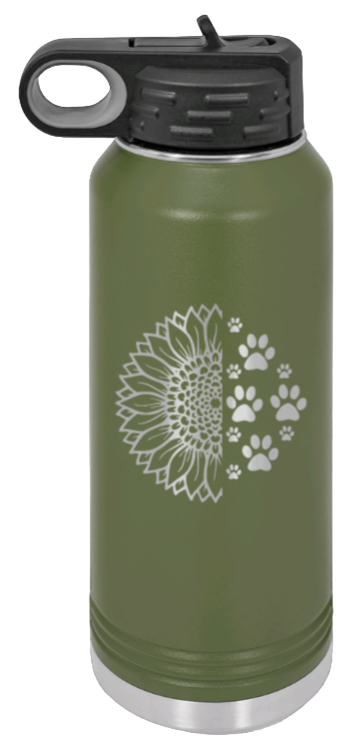 Sunflower Paws - 32oz Water Bottle Laser Engraved- Olive