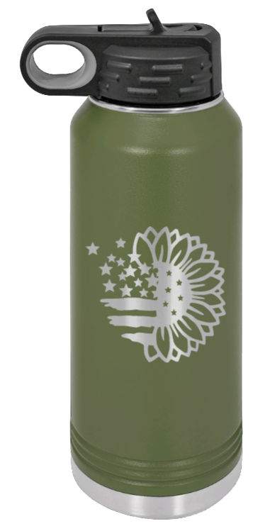 Sunflower Flag - 32oz Water Bottle Laser Engraved- Olive