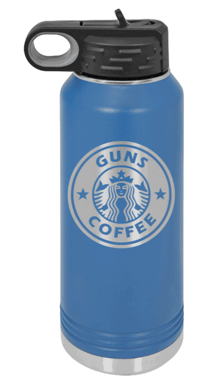 Guns and Coffee - 32oz Water Bottle Laser Engraved- Royal Blue