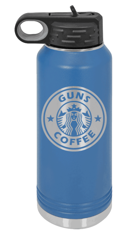 Guns and Coffee - 32oz Water Bottle Laser Engraved- Royal Blue