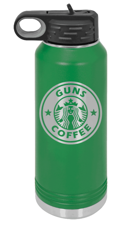 Guns and Coffee - 32oz Water Bottle Laser Engraved- Green