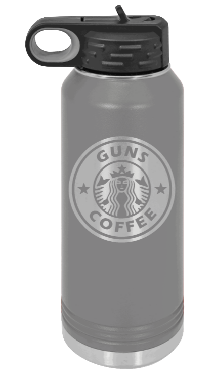 Guns and Coffee - 32oz Water Bottle Laser Engraved- Dark Grey