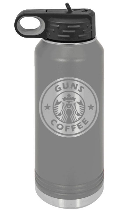 Guns and Coffee - 32oz Water Bottle Laser Engraved- Dark Grey
