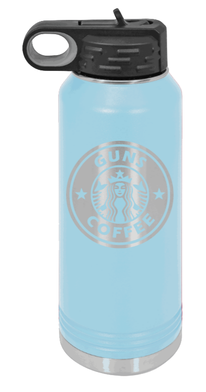 Guns and Coffee - 32oz Water Bottle Laser Engraved- Light Blue