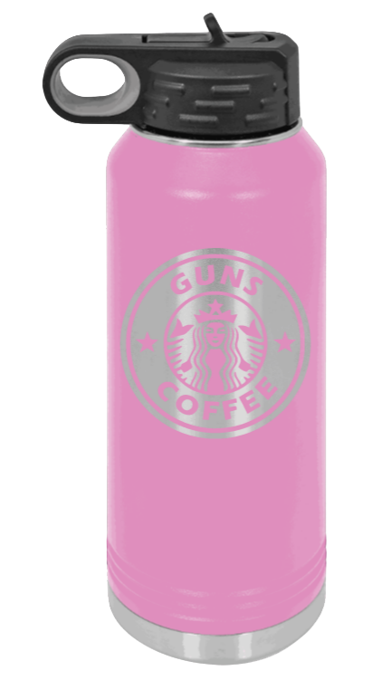 Guns and Coffee - 32oz Water Bottle Laser Engraved- Light Purple