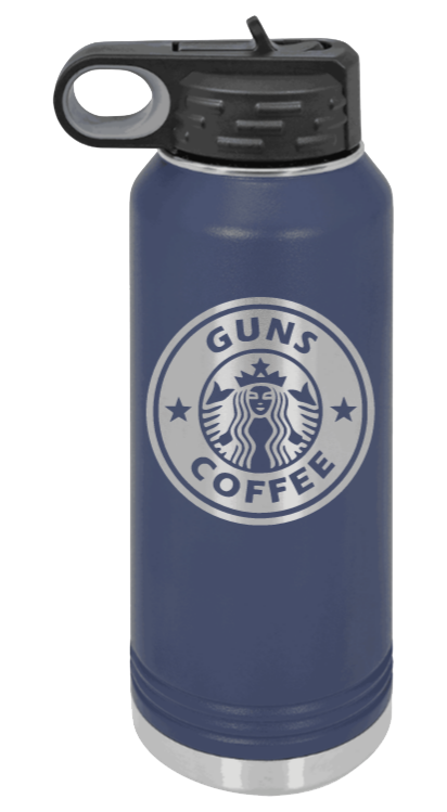 Guns and Coffee - 32oz Water Bottle Laser Engraved- Navy