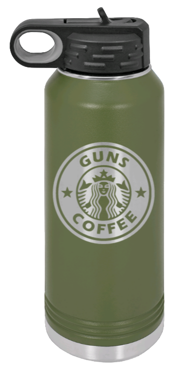Guns and Coffee - 32oz Water Bottle Laser Engraved- Olive