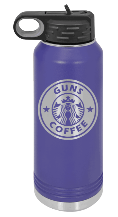Guns and Coffee - 32oz Water Bottle Laser Engraved- Purple