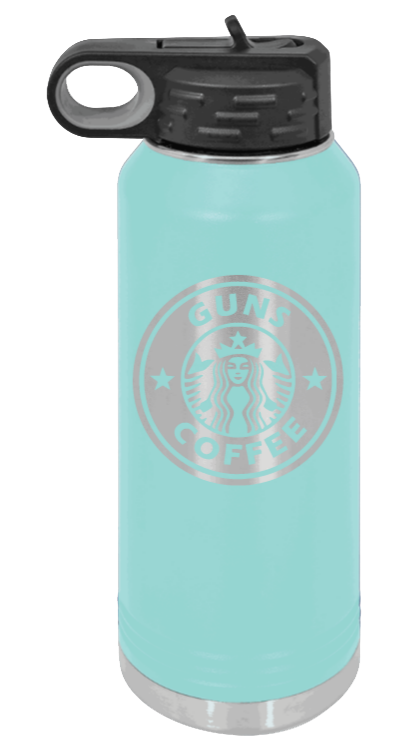 Guns and Coffee - 32oz Water Bottle Laser Engraved- Teal