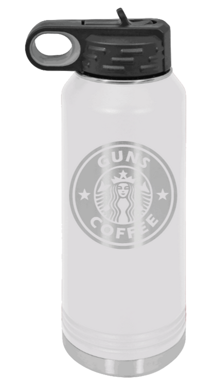 Guns and Coffee - 32oz Water Bottle Laser Engraved- White