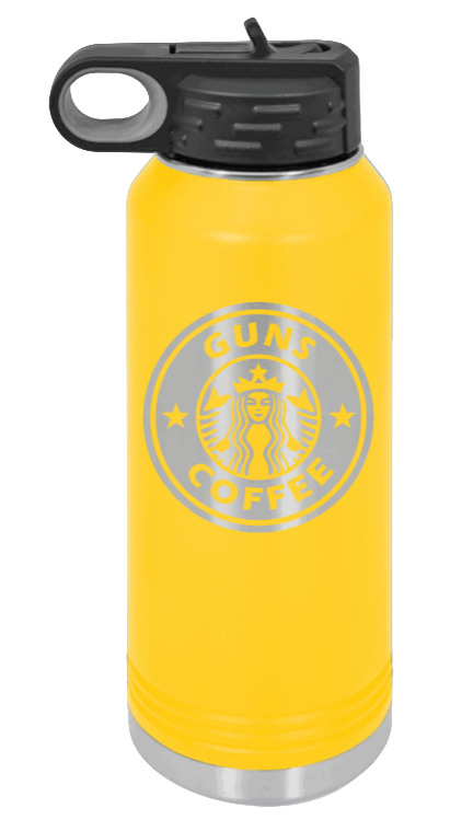 Guns and Coffee - 32oz Water Bottle Laser Engraved- Yellow