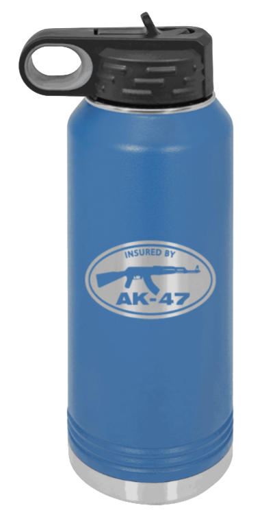Insured By AK-47 - 32oz Water Bottle Laser Engraved- Royal Blue