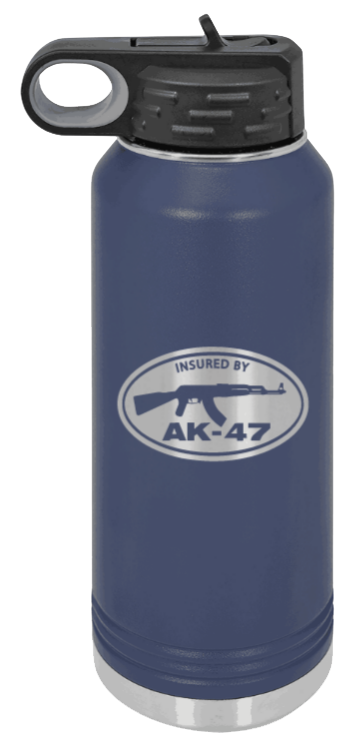 Insured By AK-47 - 32oz Water Bottle Laser Engraved- Navy