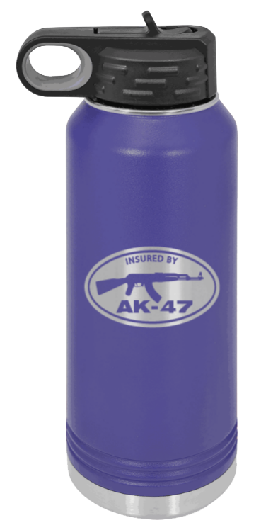 Insured By AK-47 - 32oz Water Bottle Laser Engraved- Purple